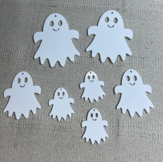 White Acrylic Ghost Blanks With Hanging Hole. 3 Sizes Available.