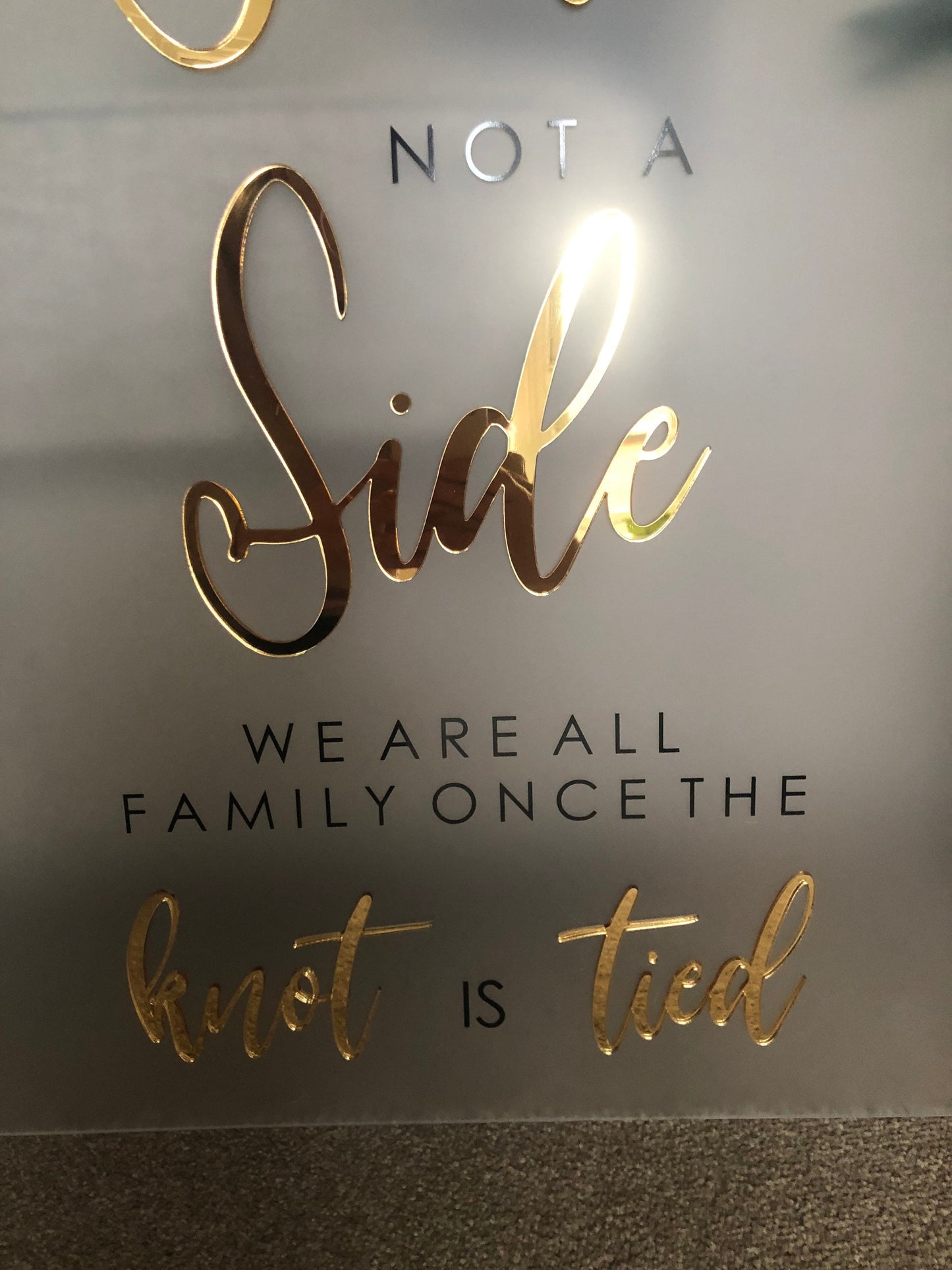 Beautiful ‘Take A Seat’ Wedding Sign. Frosted And Gold Mirrored Acrylic. Various Sizes Available.